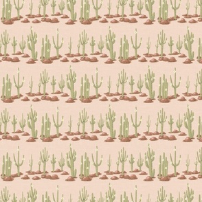 Rows of blooming saguaro cacti and brown stones on sand linen texture | tiny