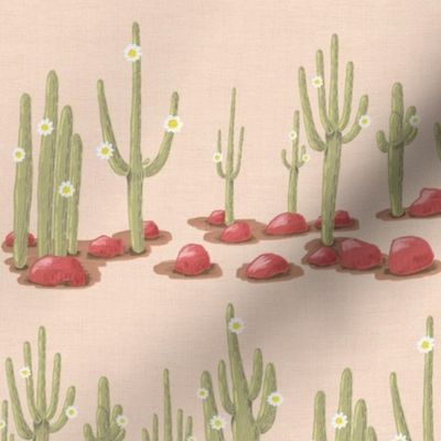 Rows of blooming saguaro cacti and red stones on sand linen texture | small