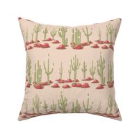 Rows of blooming saguaro cacti and red stones on sand linen texture | small