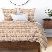 Rows of blooming saguaro cacti and red stones on sand linen texture | small