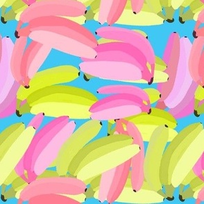Yellow and Pink Bananas on Blue Background