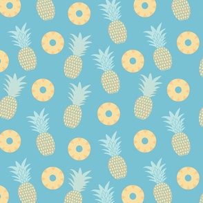 yellow pineapple, summer, fruit, fresh, tropical pool party, blue background (medium)