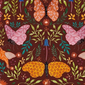 Hand Painted Watercolour Bright Flowers And Leaves With Birds And Butterflies Terracotta Red Large