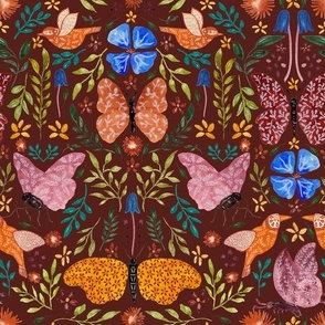 Hand Painted Watercolour Bright Flowers And Leaves With Birds And Butterflies Terracotta Red Medium