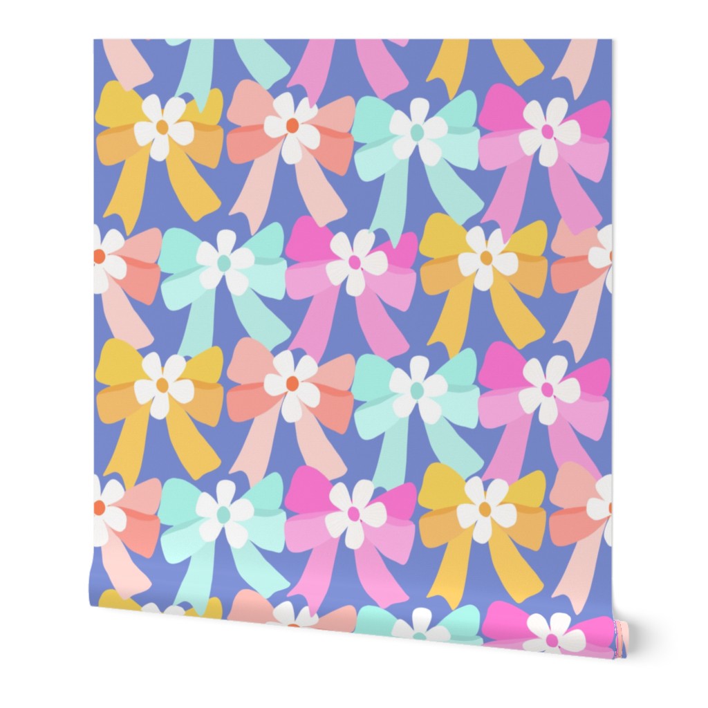 flower pastel bows structured 2- teal blue, yellow, pink, lavender and peach on blue background  - solid colours and minimal , multicolour