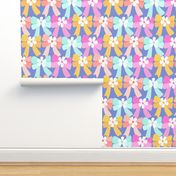 flower pastel bows structured 2- teal blue, yellow, pink, lavender and peach on blue background  - solid colours and minimal , multicolour