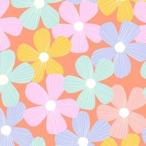 Spring large flowers in pastel colours on orange background - simple, minimal and modern 