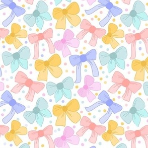 pastel bows - teal blue, yellow, pink, lavender and peach  on white background with polka dots - solid colours and minimal , multi colour
