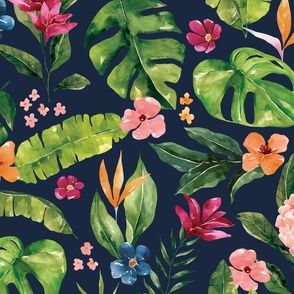 Tropical Jungle Foliage Floral on Navy Blue 24 inch