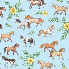 Horses and Primrose Floral on light blue - medium scale