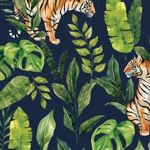 Tropical Jungle Tiger with Jungle Foliage on Navy Blue 24 inch