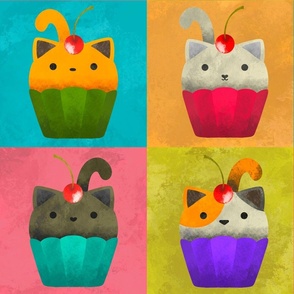 (Large Scale) Cupcake Cats Unique Pop Art Aesthetic Kitty Cakes Pattern With Cherries On Multi-Colored Background 