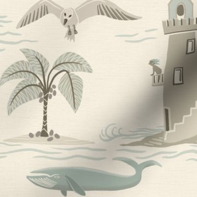 (L) seascape with lighthouses and whales in tonal colors