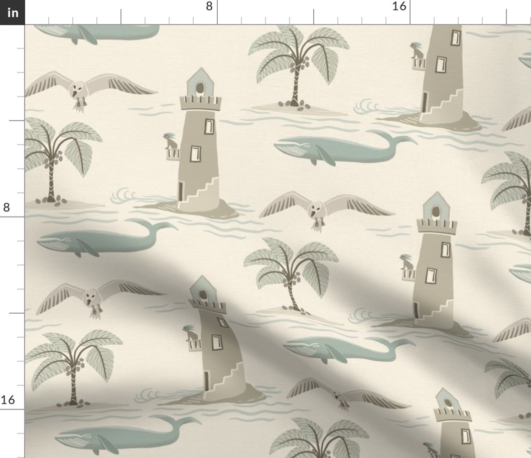 (L) seascape with lighthouses and whales in tonal colors