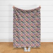 Pansies-Retro-Floral-cream-lavendar-coral on blue background