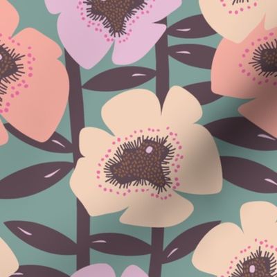 Pansies-Retro-Floral-cream-lavendar-coral on blue background