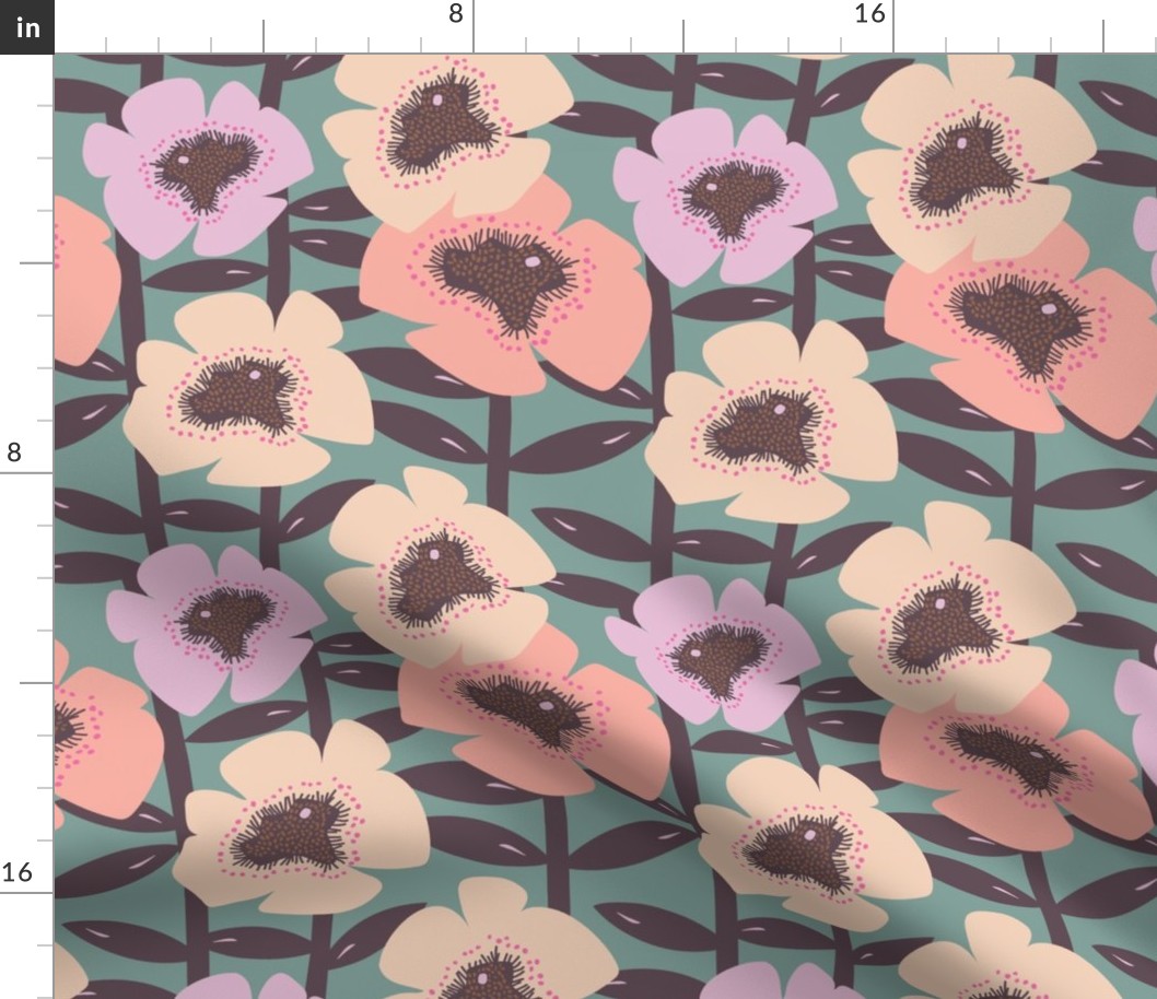 Pansies-Retro-Floral-cream-lavendar-coral on blue background