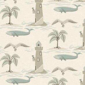 (M) seascape with lighthouses and whales in tonal colors
