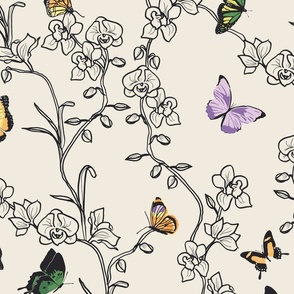 Butterfly and Orchid Garden - Monochromatic Ivory White and Charcoal Black - Large