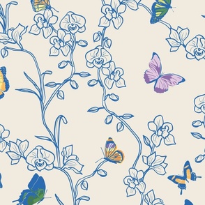 Butterfly and Orchid Garden - Ivory White and Chinoiserie Blue - Large