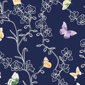 Butterfly and Orchid Garden - Dark Midnight Blue and Ivory White  - Large