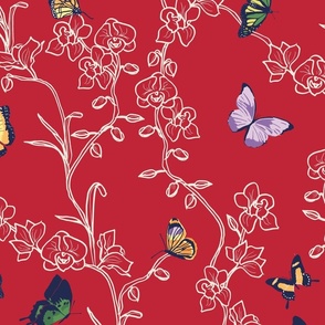 Butterfly and Orchid Garden - Scarlet Ruby Red  Ivory White  Midnight Blue - Large