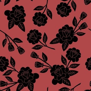 medium// Boho Maximalist Black Roses Graphic Dusty red Background