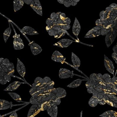 medium// Boho Maximalist Roses Metallic Marble Gold Black background