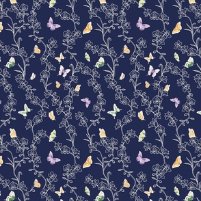 Butterfly and Orchid Garden - Dark Midnight Blue and Ivory White  - small