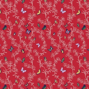 Butterfly and Orchid Garden - Scarlet Ruby Red  Ivory White  Midnight Blue - small