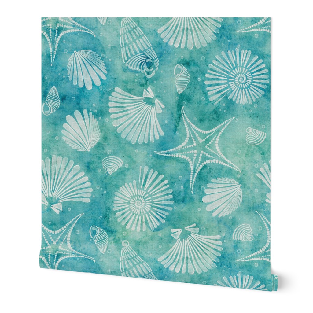 beach trip - blue and green sea shells and starfish - watercolor coastal wallpaper and fabric