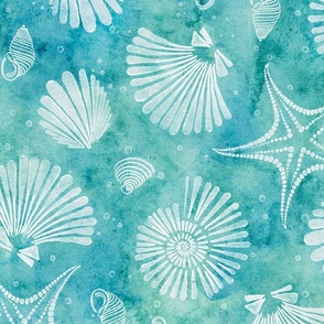 beach trip - blue and green sea shells and starfish - watercolor coastal wallpaper and fabric