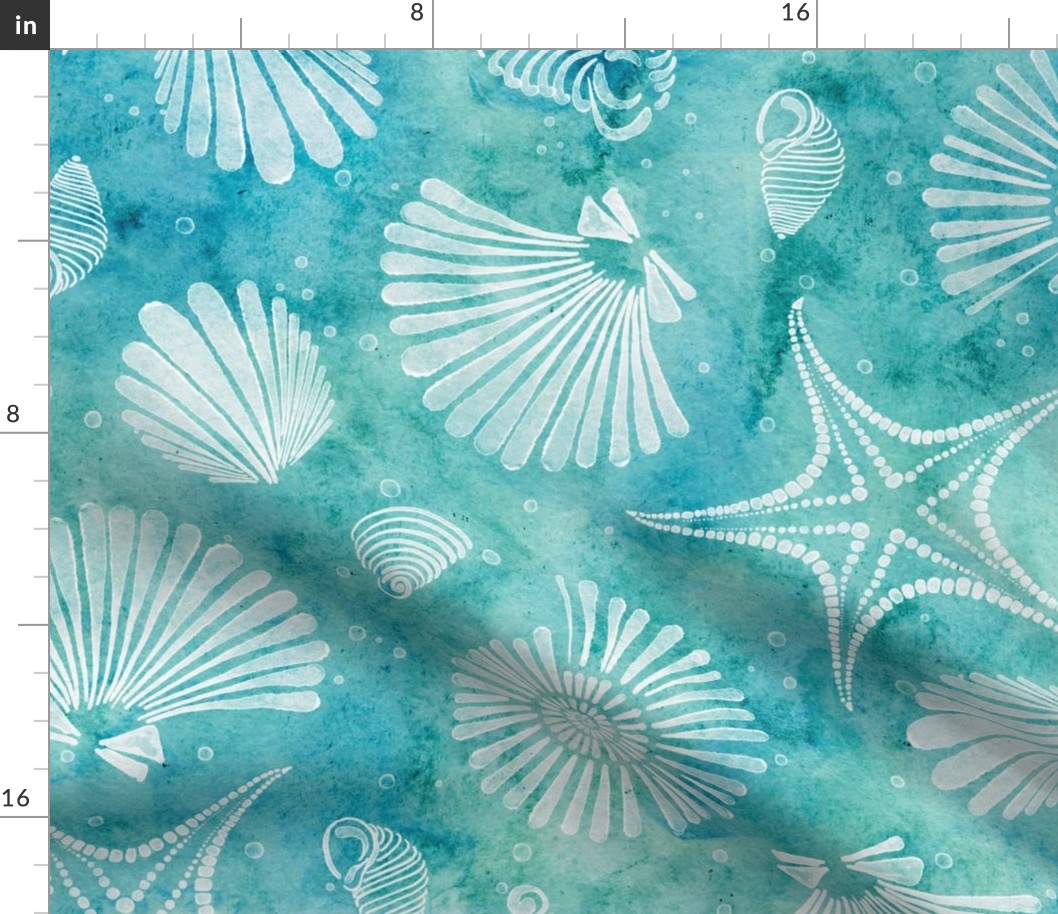 beach trip - blue and green sea shells and starfish - watercolor coastal wallpaper and fabric