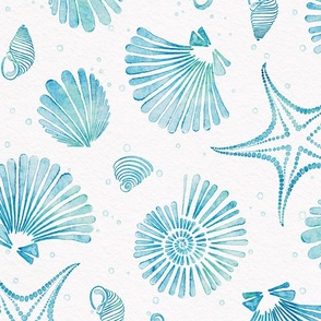 beach trip - blue and green sea shells and starfish on white - watercolor coastal wallpaper and fabric
