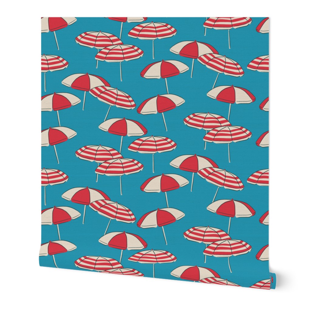 (L) Seaside Summer Beach Umbrellas - red and white on blue