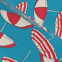 (L) Seaside Summer Beach Umbrellas - red and white on blue