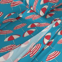 (L) Seaside Summer Beach Umbrellas - red and white on blue