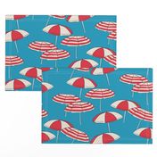 (L) Seaside Summer Beach Umbrellas - red and white on blue