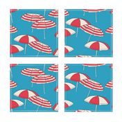 (L) Seaside Summer Beach Umbrellas - red and white on blue