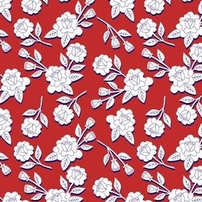 small// Boho Maximalist White Roses Bold Blue Shadow red background 4 of July
