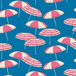 (L) Seaside Summer Beach Umbrellas - pink and white on blue