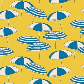 (L) Seaside Summer Beach Umbrellas - blue and white on yellow