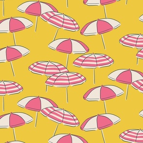 (L) Seaside Summer Beach Umbrellas - pink and white on yellow