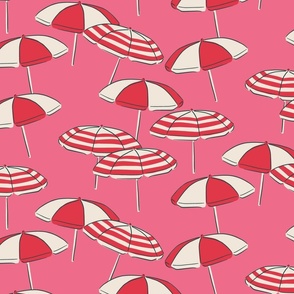 (L) Seaside Summer Beach Umbrellas - red and white on pink