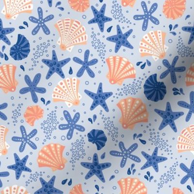 (Small) Tide Pool Delight: Sea Shells, Starfish, Snails, Bubbles and Water Drops in Blue and Peach Orange