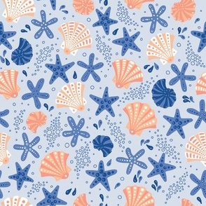 (Small) Tide Pool Delight: Sea Shells, Starfish, Snails, Bubbles and Water Drops in Blue and Peach Orange