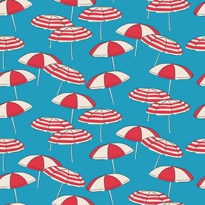 (M) Seaside Summer Beach Umbrellas - red and white on blue