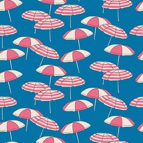 (M) Seaside Summer Beach Umbrellas - pink and white on blue