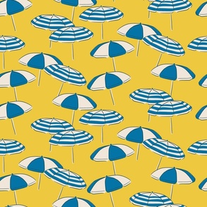 (M) Seaside Summer Beach Umbrellas - blue and white on yellow