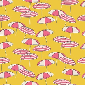 (M) Seaside Summer Beach Umbrellas - pink and white on yellow